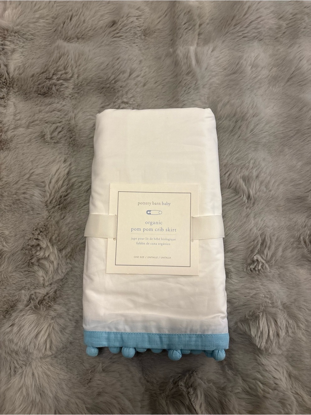 Pottery Barn Kids White Crib Skirt with Light Blue Pom Trim